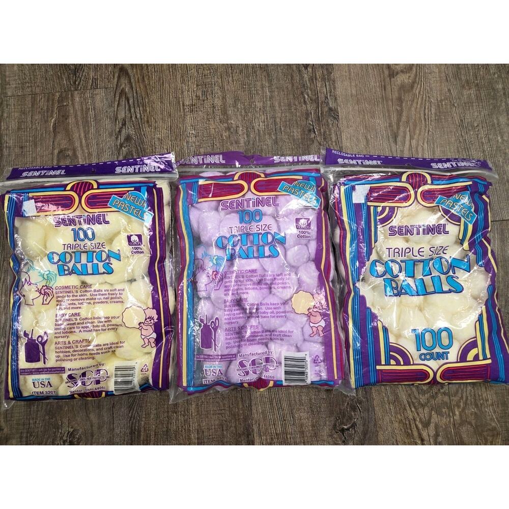 Sentinel Pastel Cotton Balls Triple Size Vintage Made in USA Purple Yellow